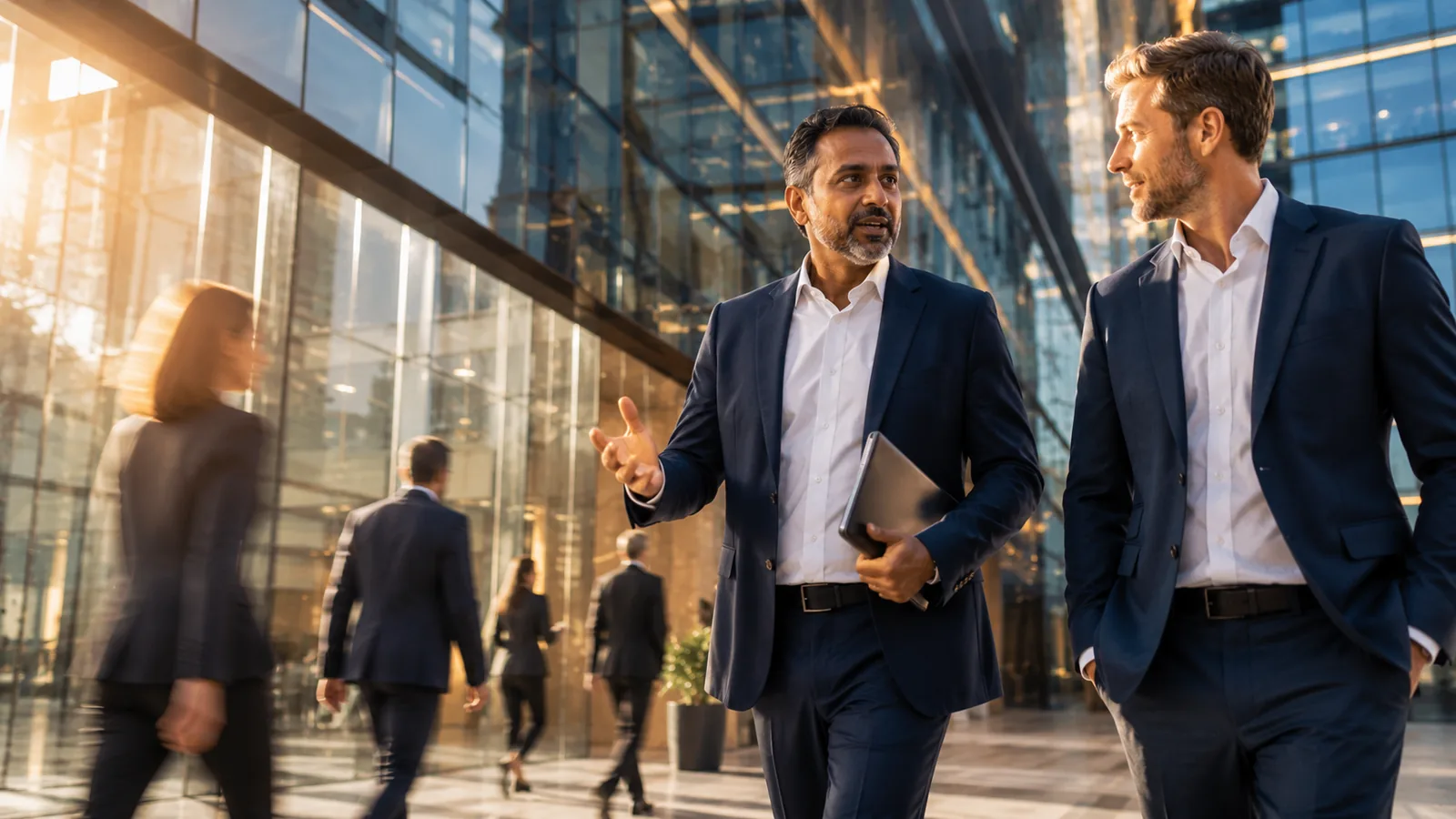 A solicitor and client walking and talking through a modern glass atrium — representing the fast-paced, personal service of SP Legal Solutions.